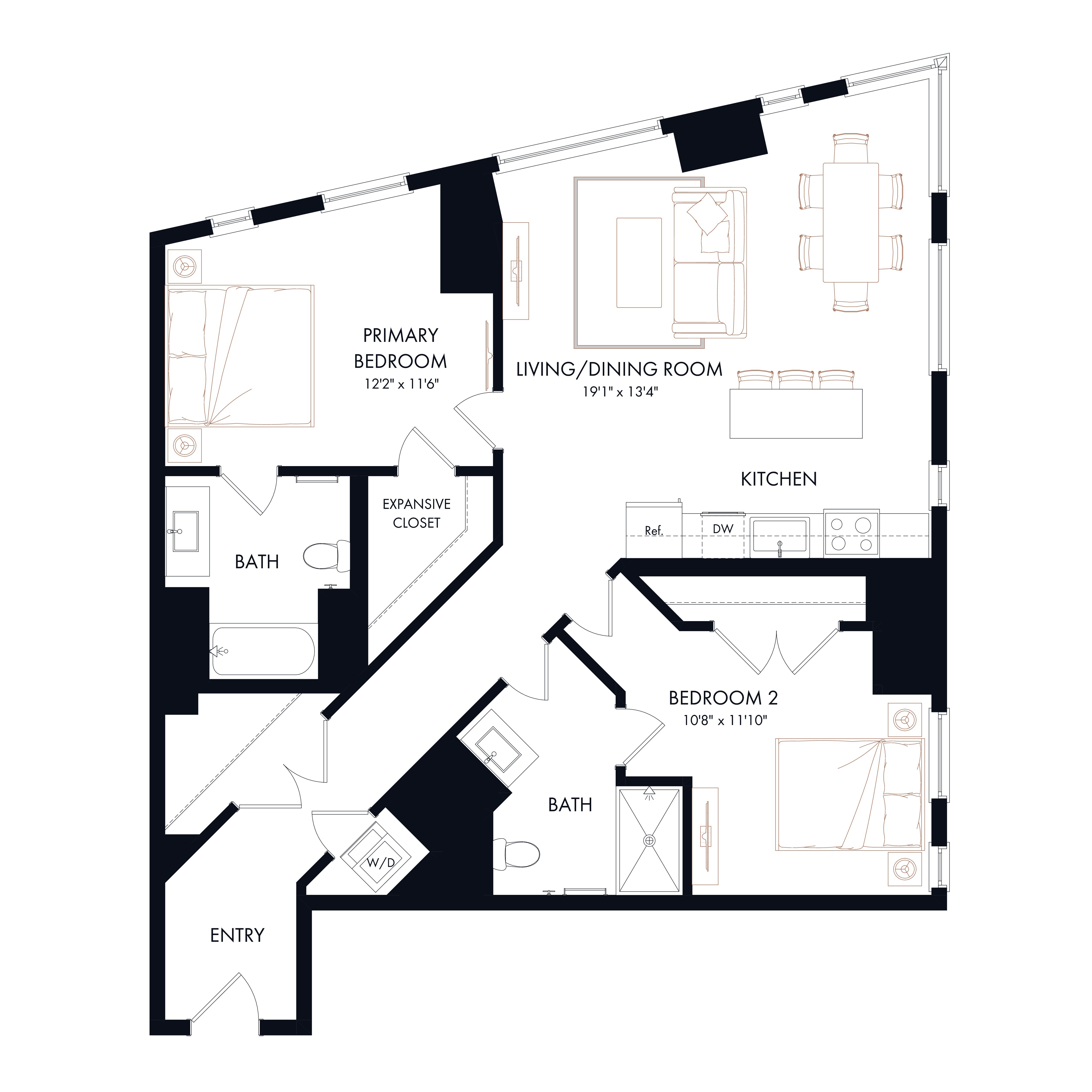 Floor plan layout diagram for B3 | 2 Bed | 2 Bath